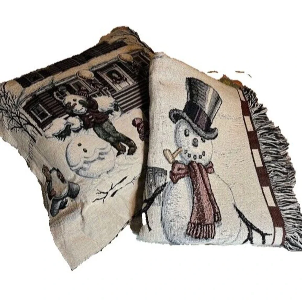 Snowman Tapestry Throw Blanket & Pillow Set Cozycore Cabincore Winter Christmas